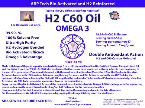 H2 C60 OMEGA 3 Oil  (4 oz) 100% Solvent Free, 99.99+%, Hydrogen Reinforced (2 mg's/gram)