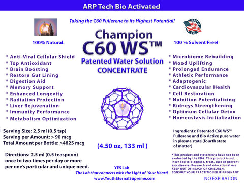 Patented Champion C60 WS™ (Water Soluble C60) CONCENTRATE 4.50 oz (133 ml) ARP Tech Bio Activated and 100% Solvent Free