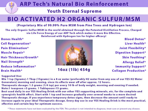 H2 Organic Sulfur/MSM (Bio Activated, Hydrogen Ion Reinforced) 1lb (454 grams) 16 oz