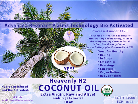 H2 Medicinal Coconut Oil 10 oz.  (ARP Tech Enhanced, Hydrogen Reinforced, Certified Organic, 100% RAW, Centrifuge Processed)