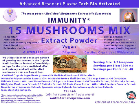 15 Immunity Mushroom Extract  Powder (50 grams) (Certified Organic and Wildcrafted)