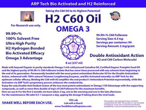 H2 C60 OMEGA 3 Oil  (8 oz) 100% Solvent Free, 99.99+%, Hydrogen Reinforced (2 mg/gram)