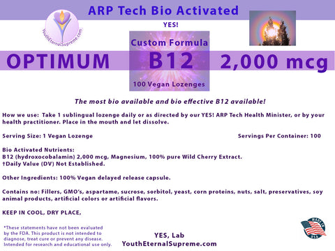 Vitamin B12 ARP Tech Bio Activated (as hydroxocobalamin) 100 Vegan LOZENGES (Sublingual) 2,000 mcg