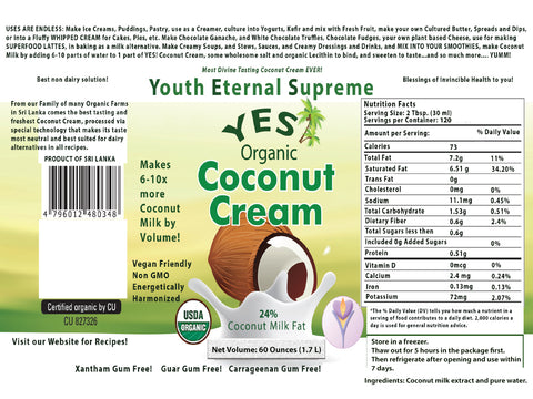YES! Coconut Cream (Frozen 4 Pack of 60 Fl. oz each) Certified Organic