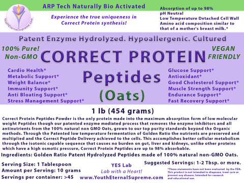 CORRECT PROTEIN PEPTIDES-CELL RESTORE (from 100% Pure Oats) Powder (Hypoallergenic) 1 lb (454 grams)