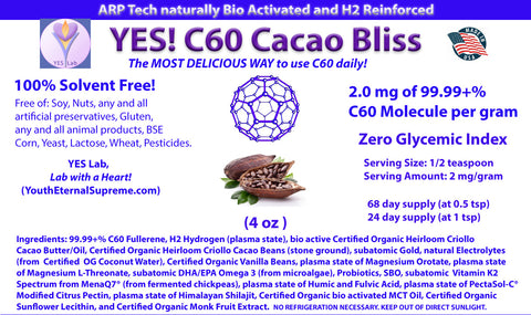 YES! C60 CACAO BLISS (4 oz) 99.99+% C60 Fullerene (2 mg per gram) 100% Solvent Free, Hydrogen  H2 Reinforced
